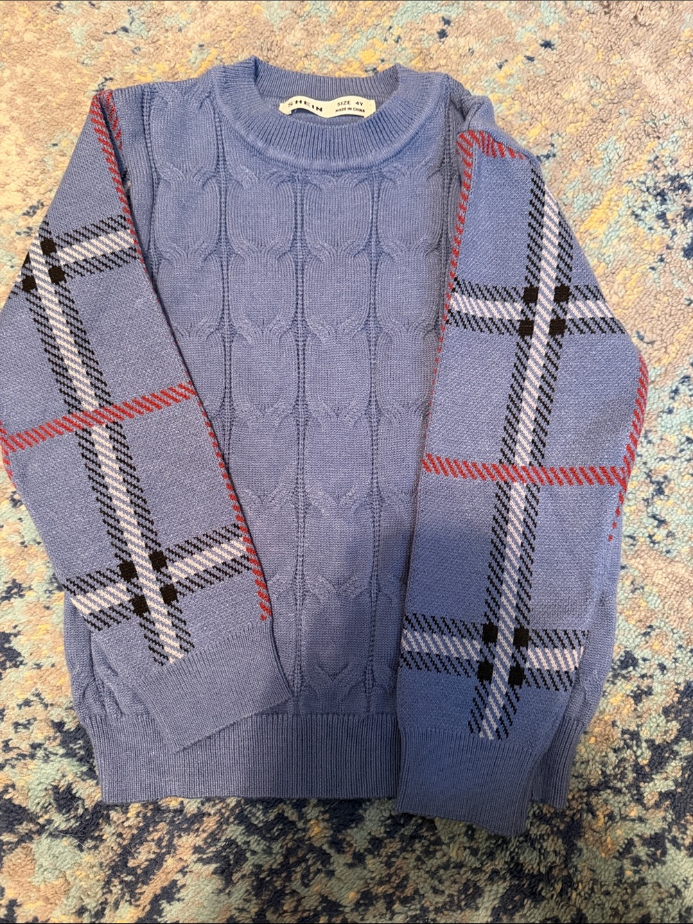 SHEIN Light Blue Cable Knit Sweater with Plaid Sleeves
